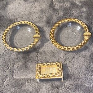 Gold Tone & Chain Design Glass Vintage Ashtrays With Match Holder